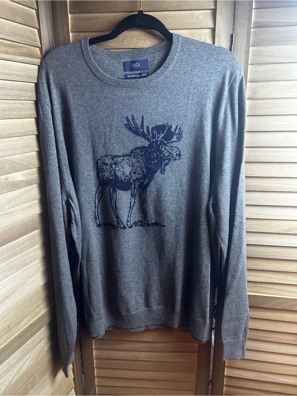 1901 Men’s 2XL Moose Sweater Gray Cotton Cashmere Crewneck NWT XXL